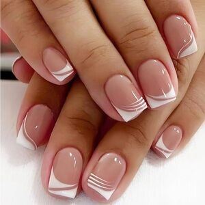 White Swirl French Tip Press On Nails - 24pc Reusable Nail Set w/ Glue